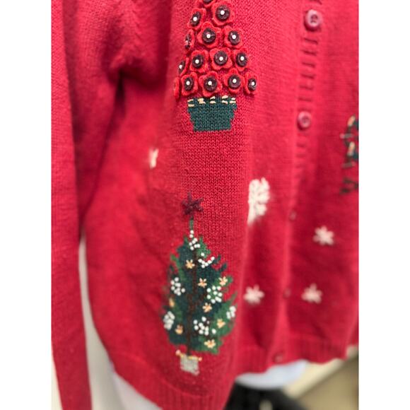 VTG Christmas Sweater Womens M 10 12 Cardigan Cozy Cabin Tree Embroidered red - Picture 6 of 8